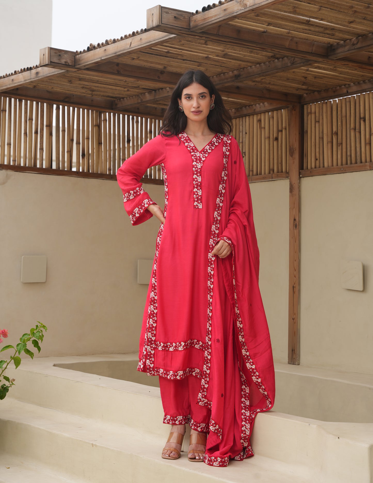 Maria Red Maslin Embroidered Suit Set