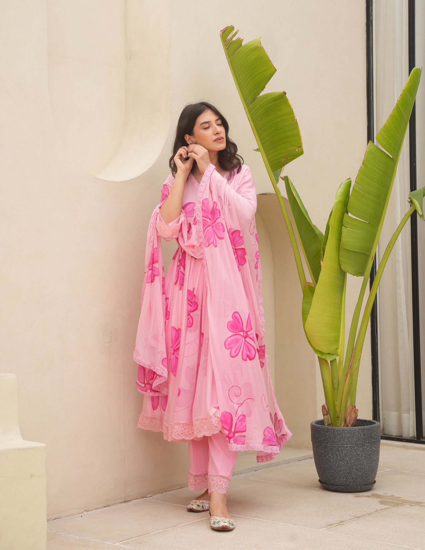 Cherry Pink Handpaint Chiffon Suit Set