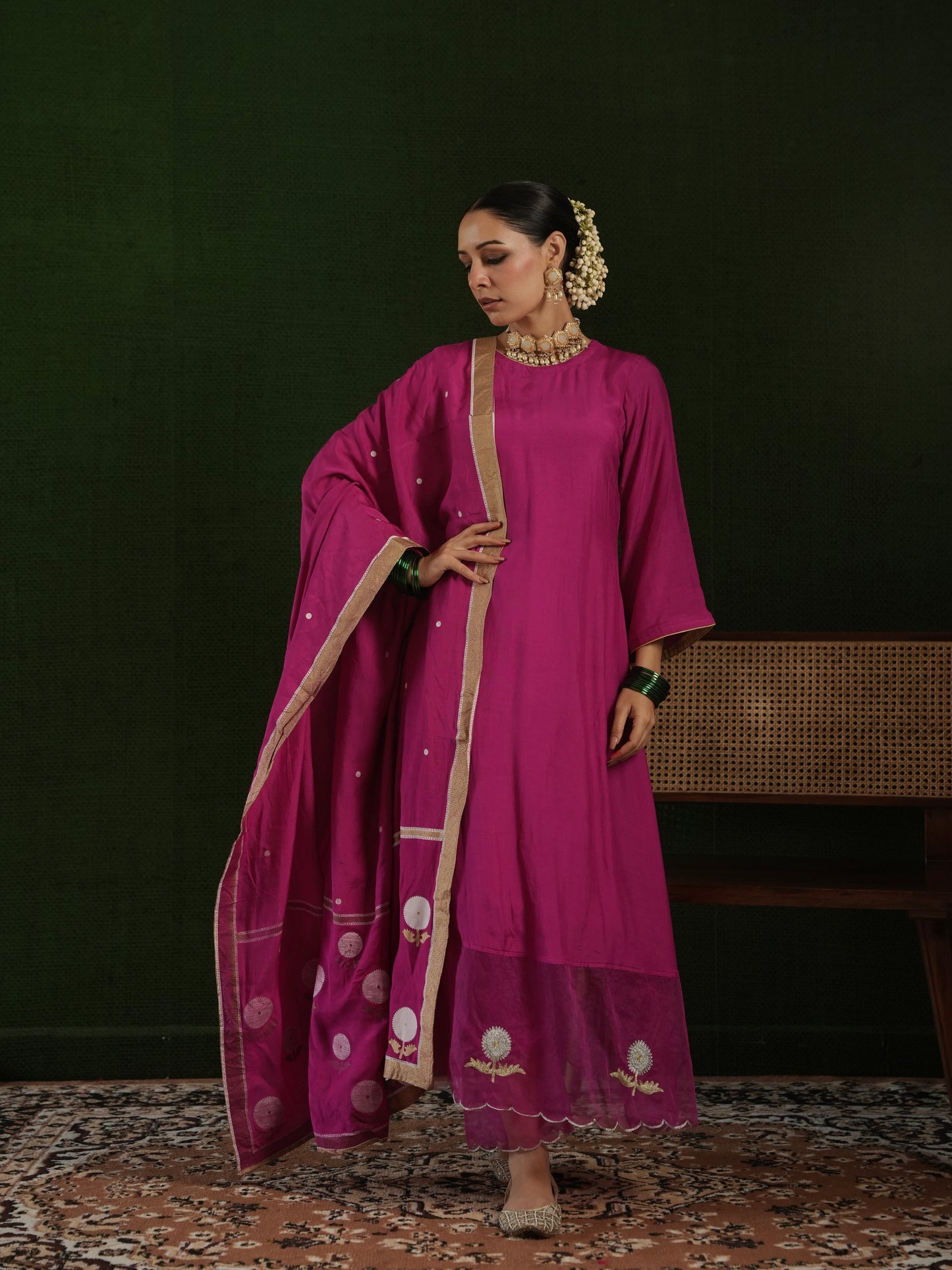 CHAAND DARK PINK MASLIN  EMBROIDERY SUIT SET WITH BLOCKPRINT DUPATTA