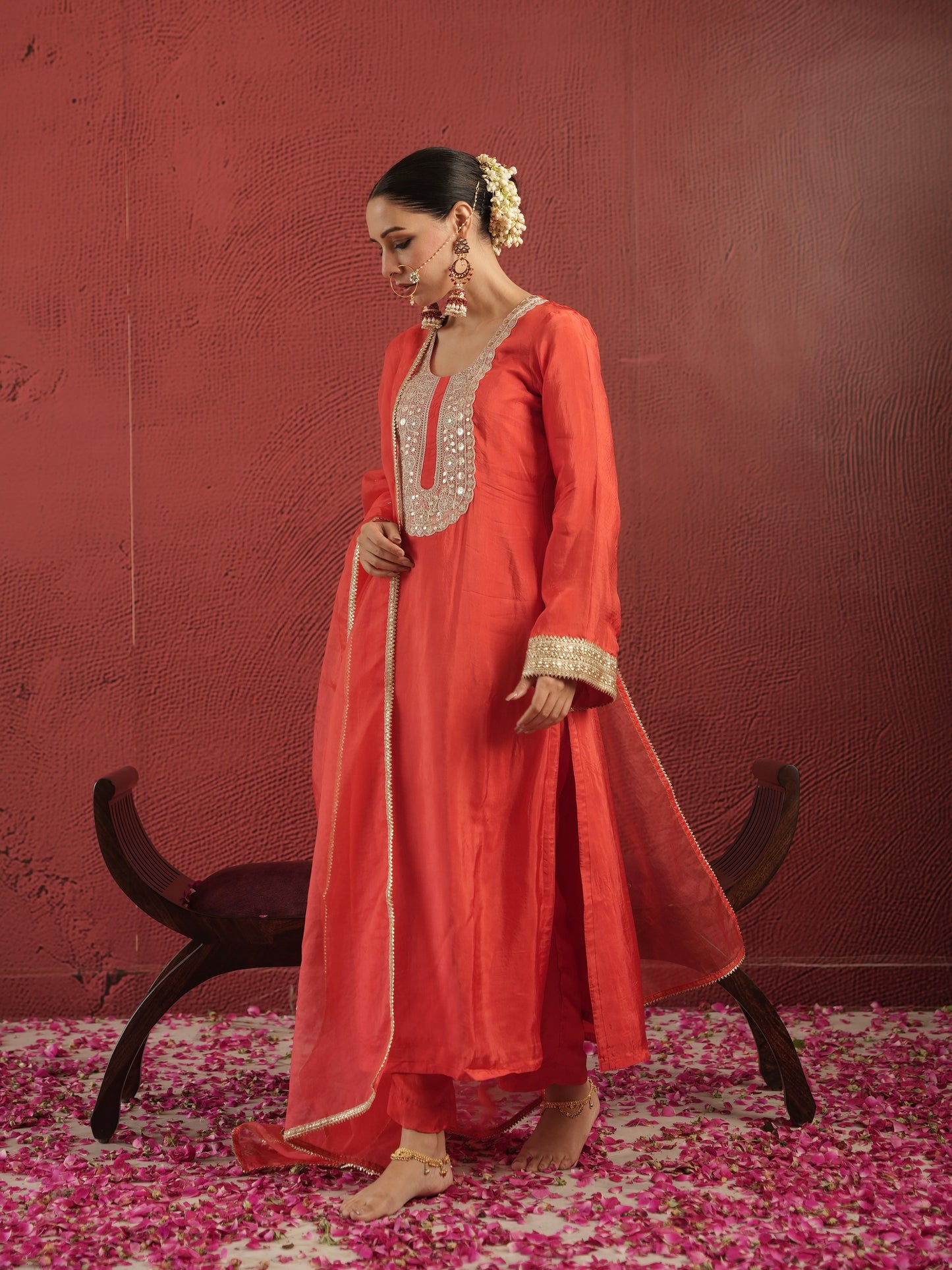 CHAAND RED SILK ZARIWORK SUIT SET