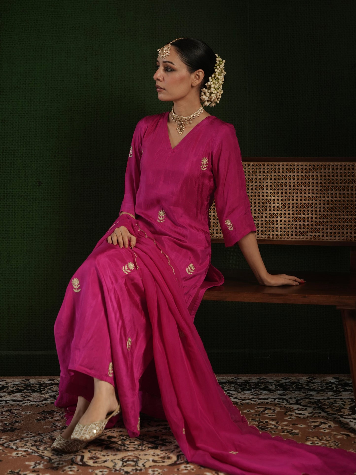 CHAAND DARK PINK SILK AARI EMBROIDERY SUIT SET