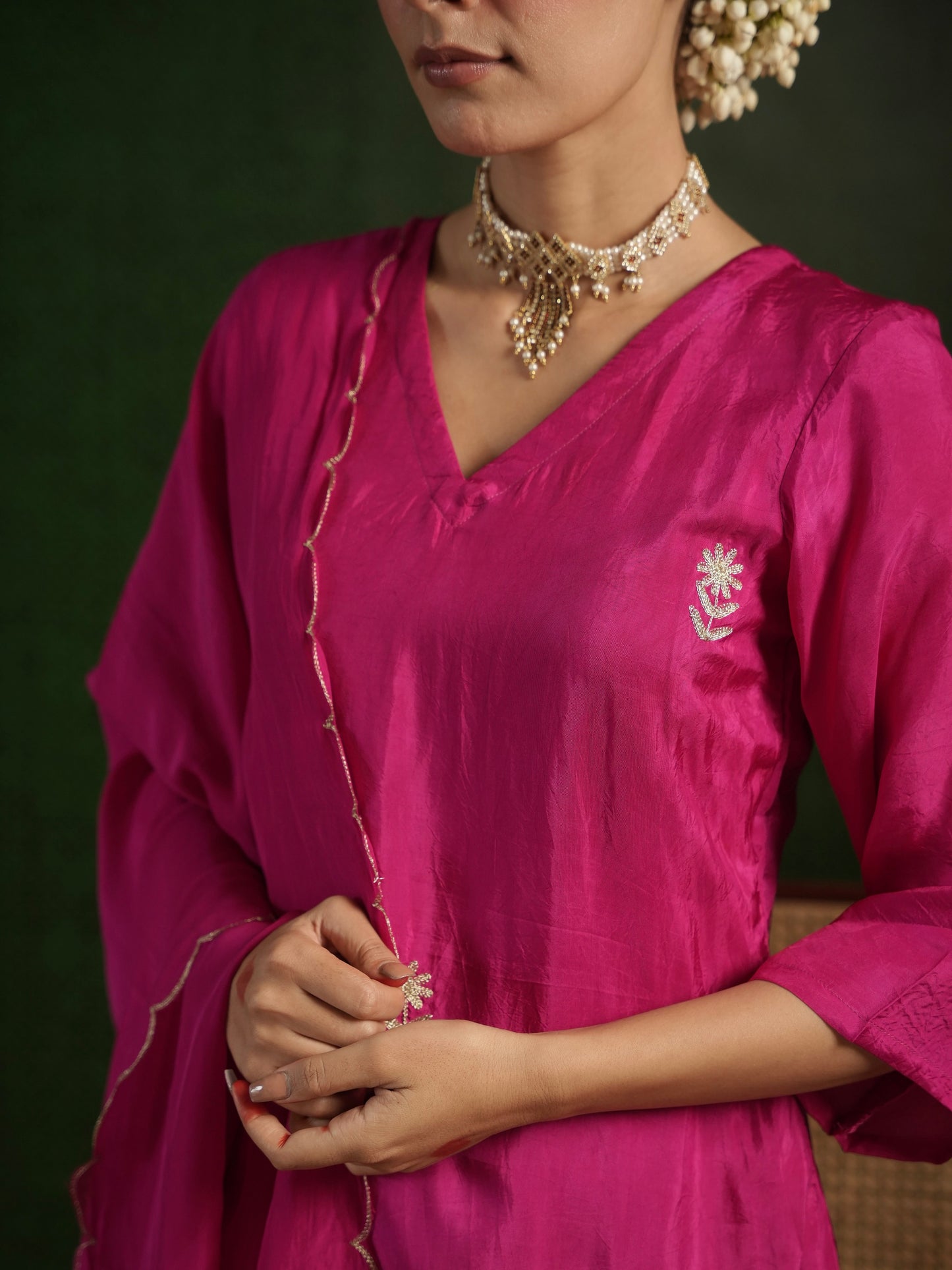 CHAAND DARK PINK SILK AARI EMBROIDERY SUIT SET