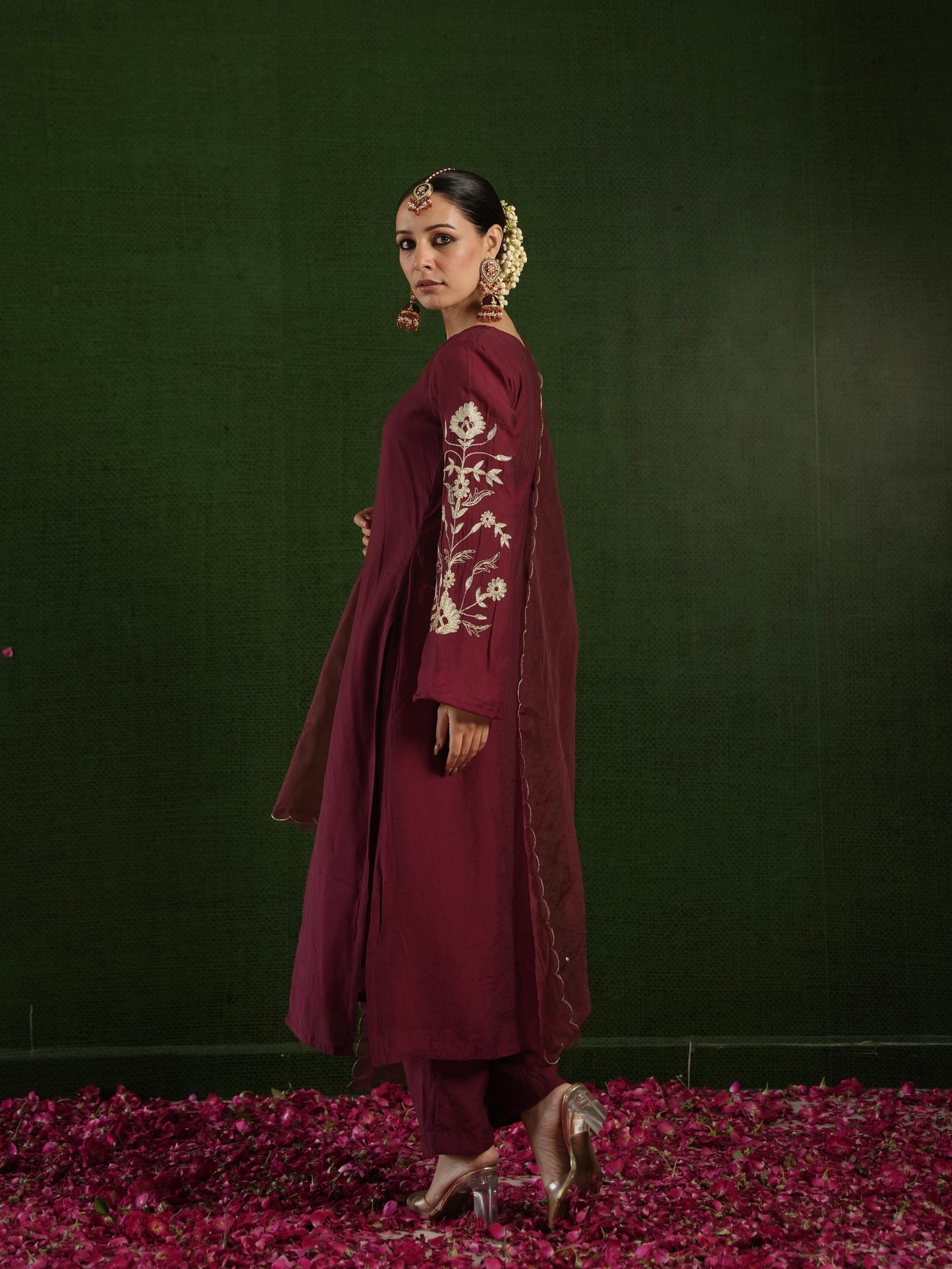 CHAAND MAROON CHANDERI HEAVY EMBROIDERD SUIT SET