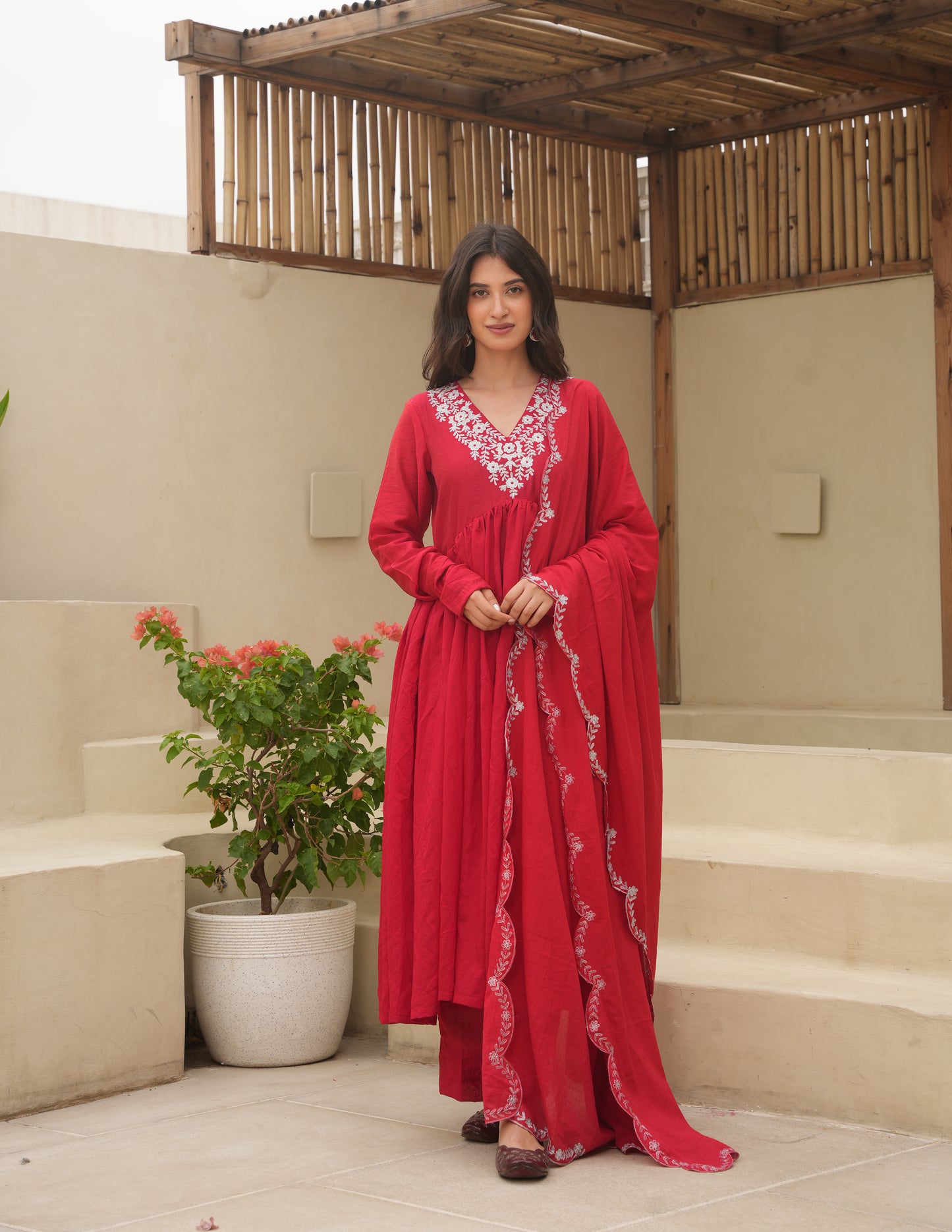 Red Chanderi Aari  Embroidered Suit Set