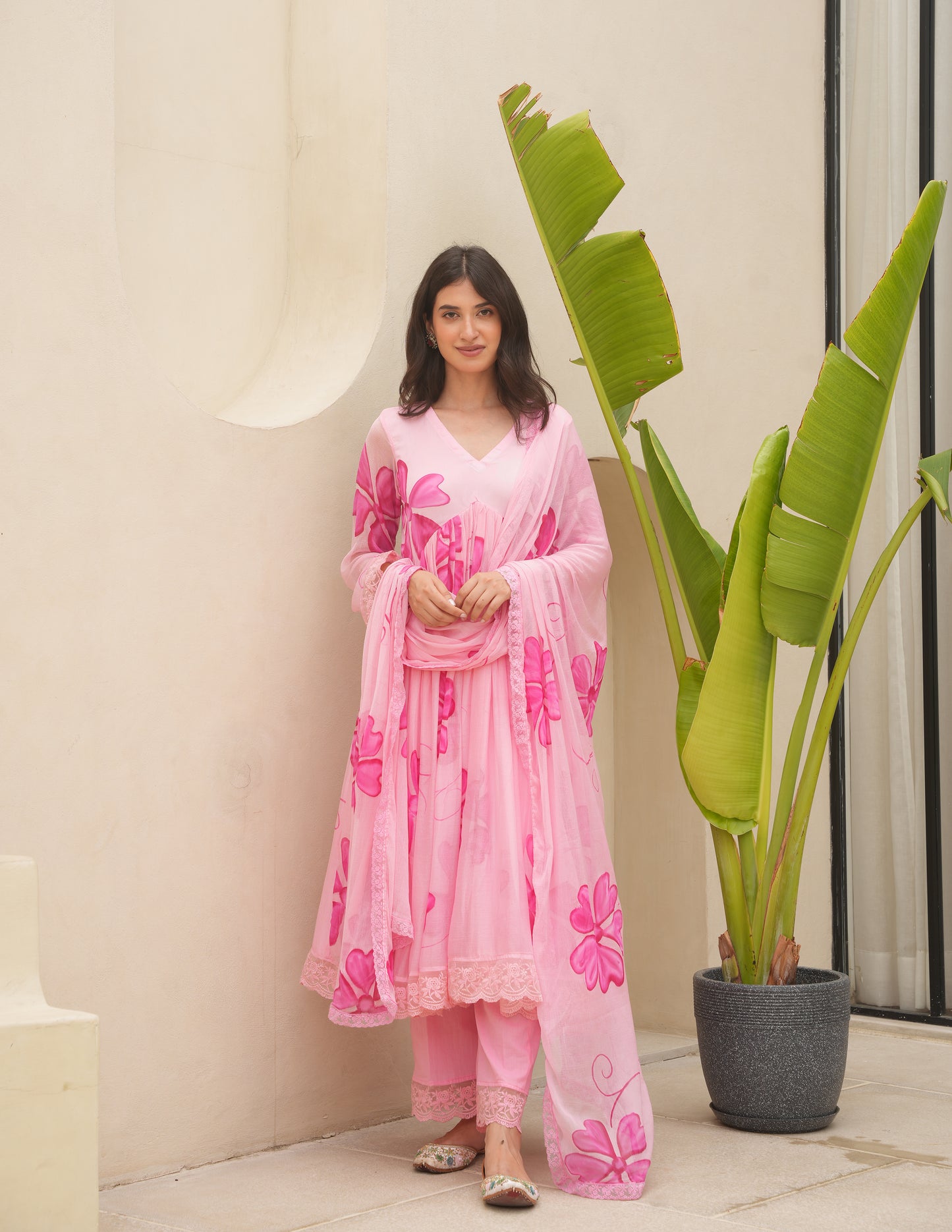 Cherry Pink Handpaint Chiffon Suit Set