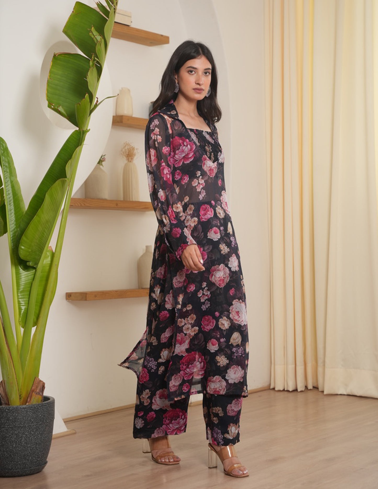 Aster Black Chiffon Kurta Set With Smocked Blouse