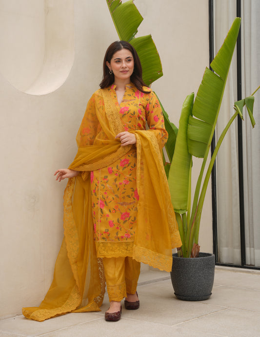 Saaya Yellow Chanderi Straight Suit Set