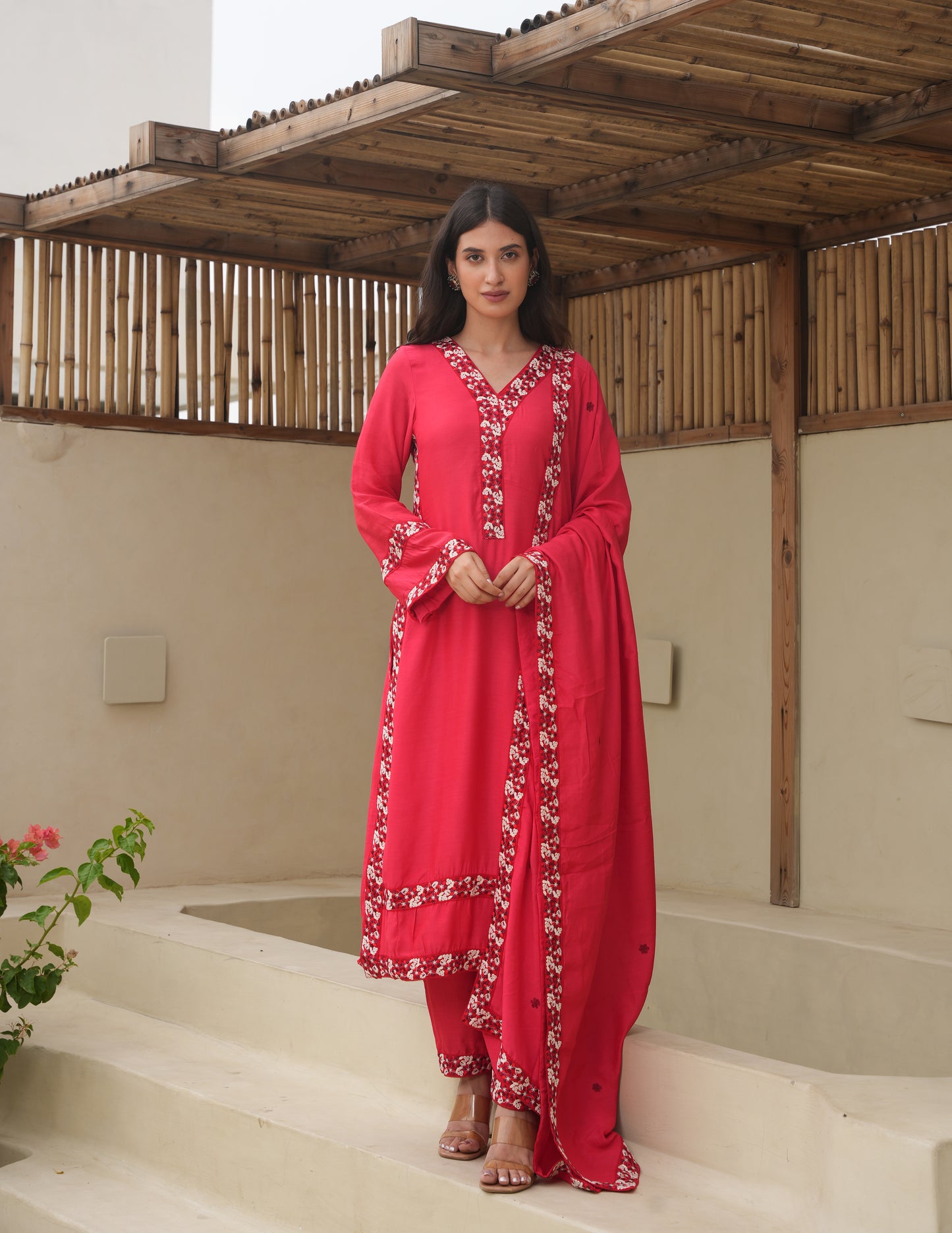 Maria Red Maslin Embroidered Suit Set