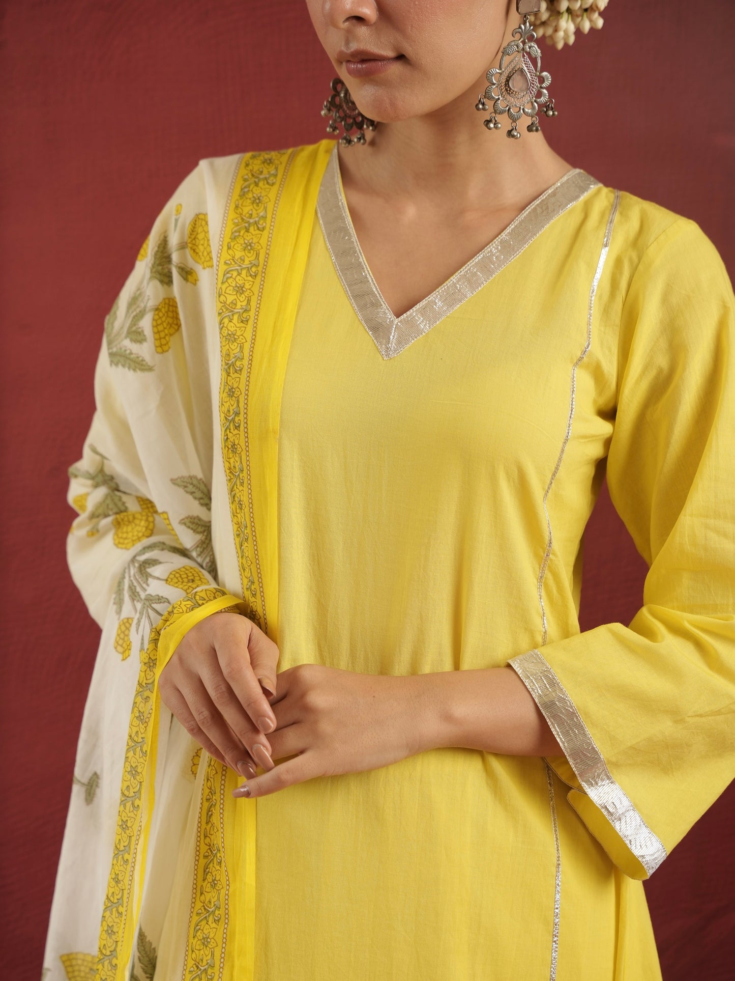 CHAAND YELLOW COTTON SUIT SET WITH BLOCK PRINT DUPATTA