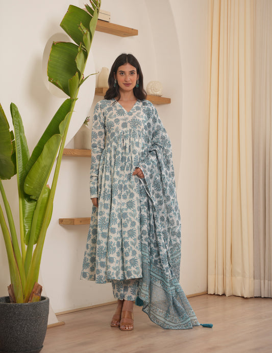 Murat White Blockprint Cotton Suit Set