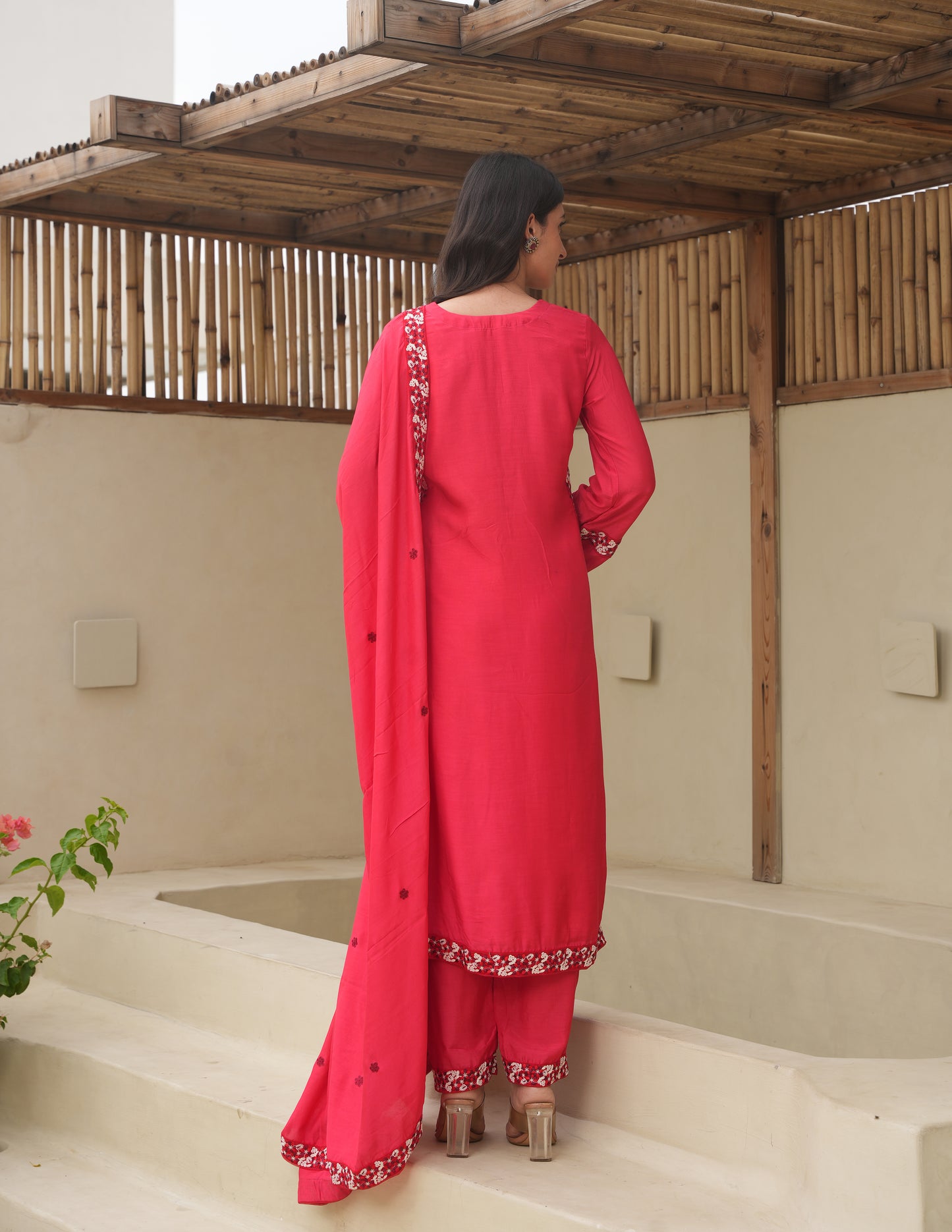 Maria Red Maslin Embroidered Suit Set