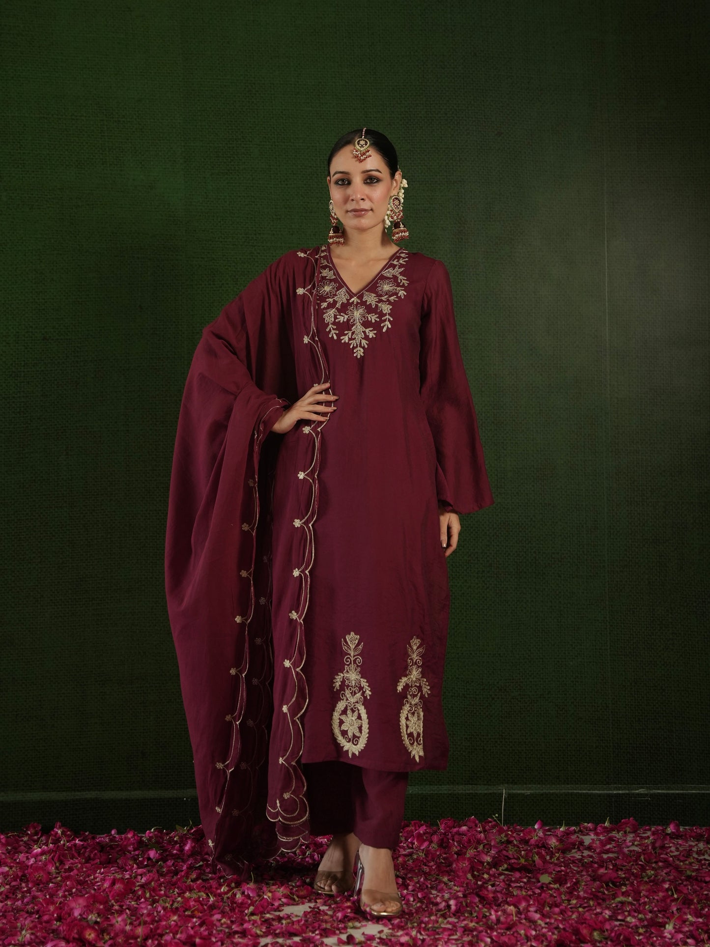 CHAAND ROSEWOOD CHANDERI HEAVY EMBROIDERD SUIT SET