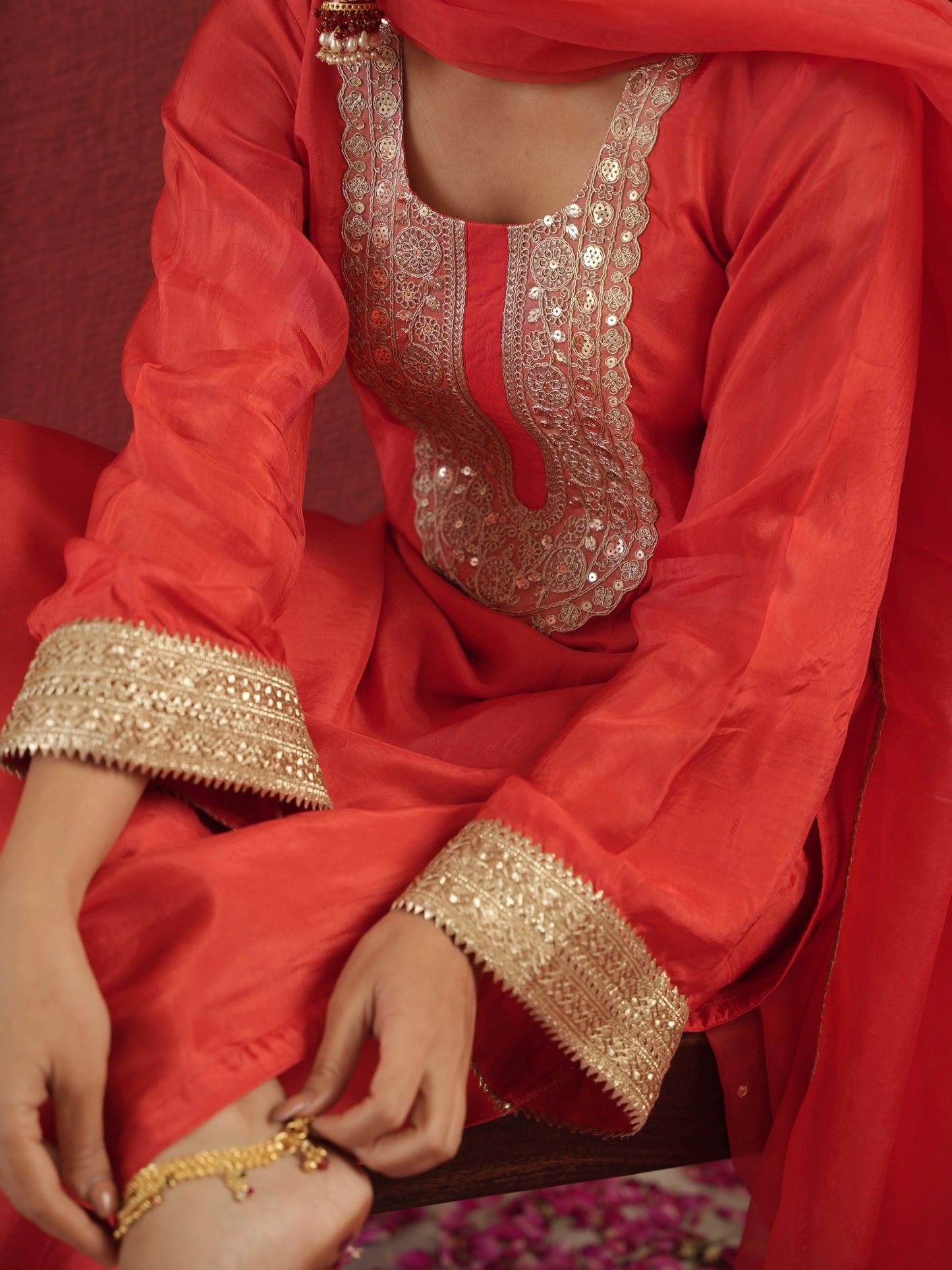 CHAAND RED SILK ZARIWORK SUIT SET