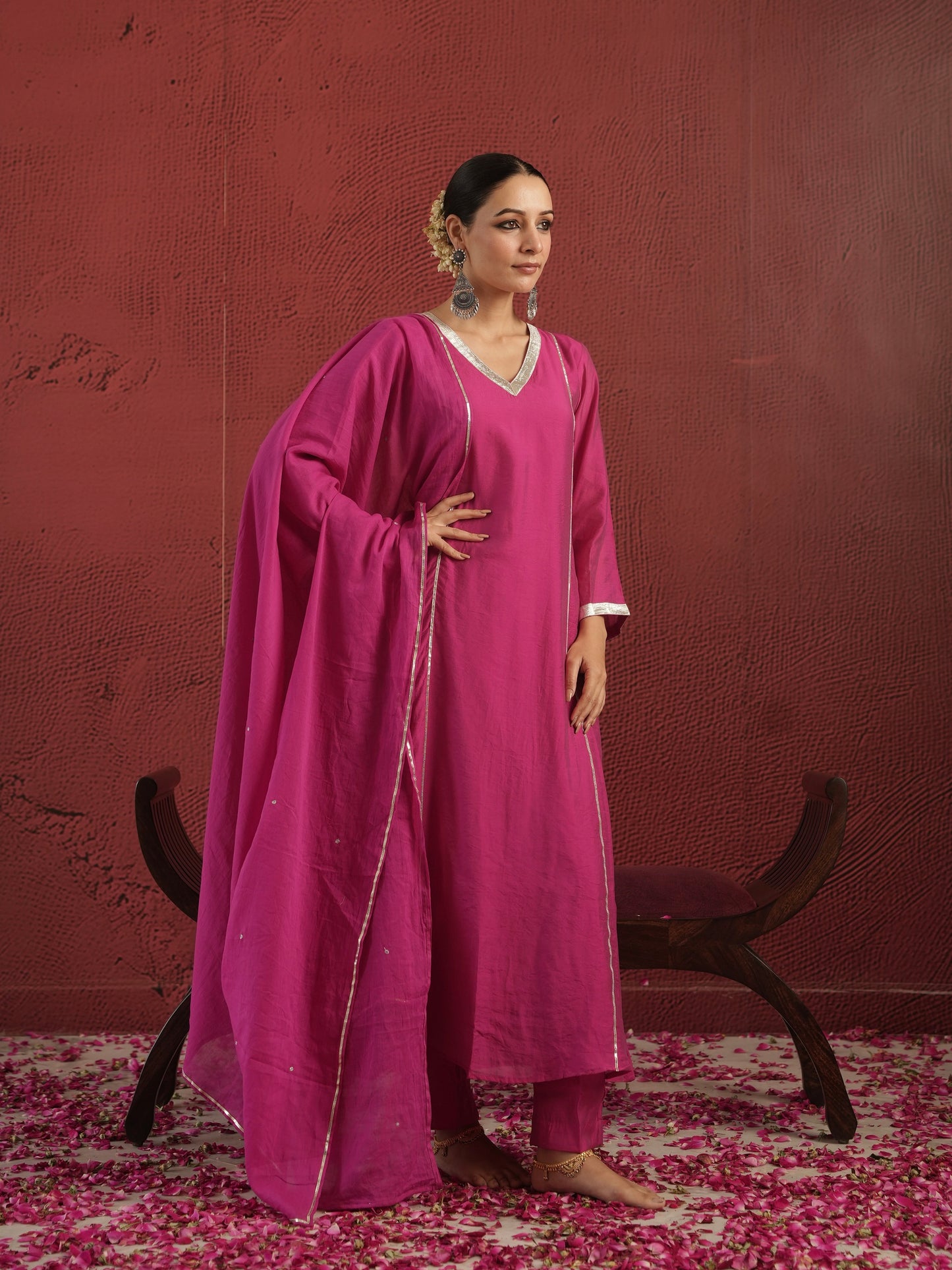 CHAAND HOT PINK CHANDERI ZARI GOTA SUIT SET