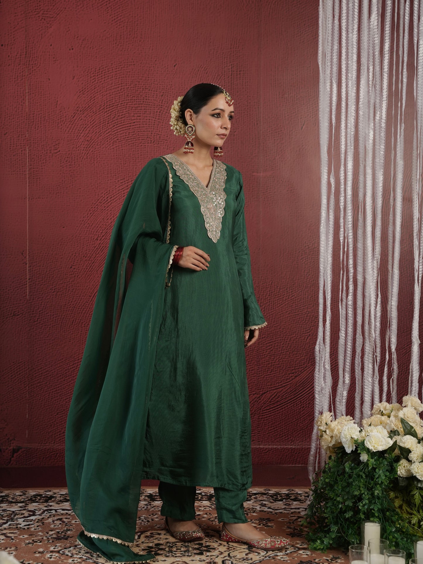 CHAAND GREEN SILK ZARIWORK SUIT SET