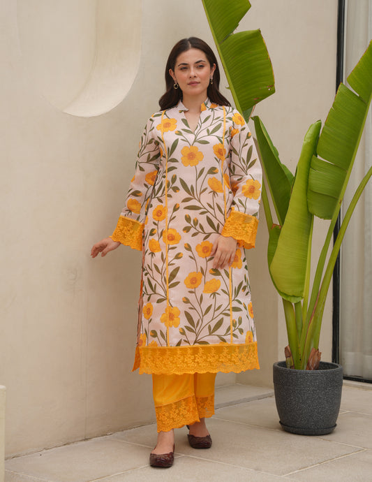 Flora Yellow Chanderi Kurta Set