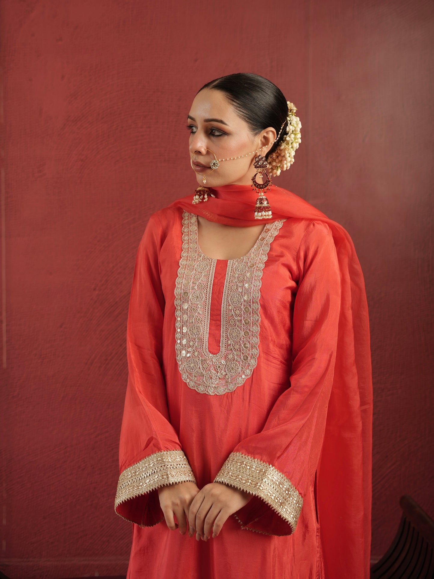 CHAAND RED SILK ZARIWORK SUIT SET