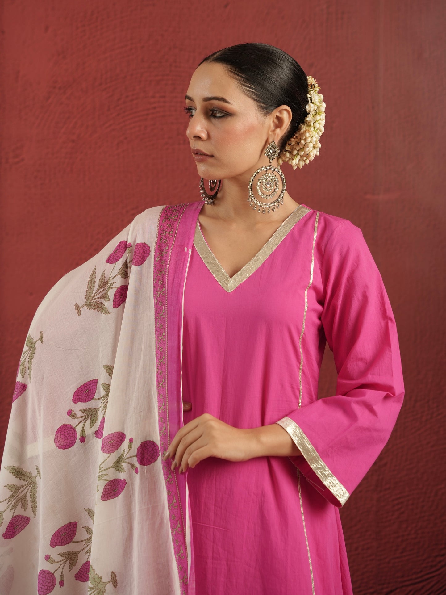 CHAAND PINK COTTON SUIT SET WITH BLOCK PRINT DUPATTA