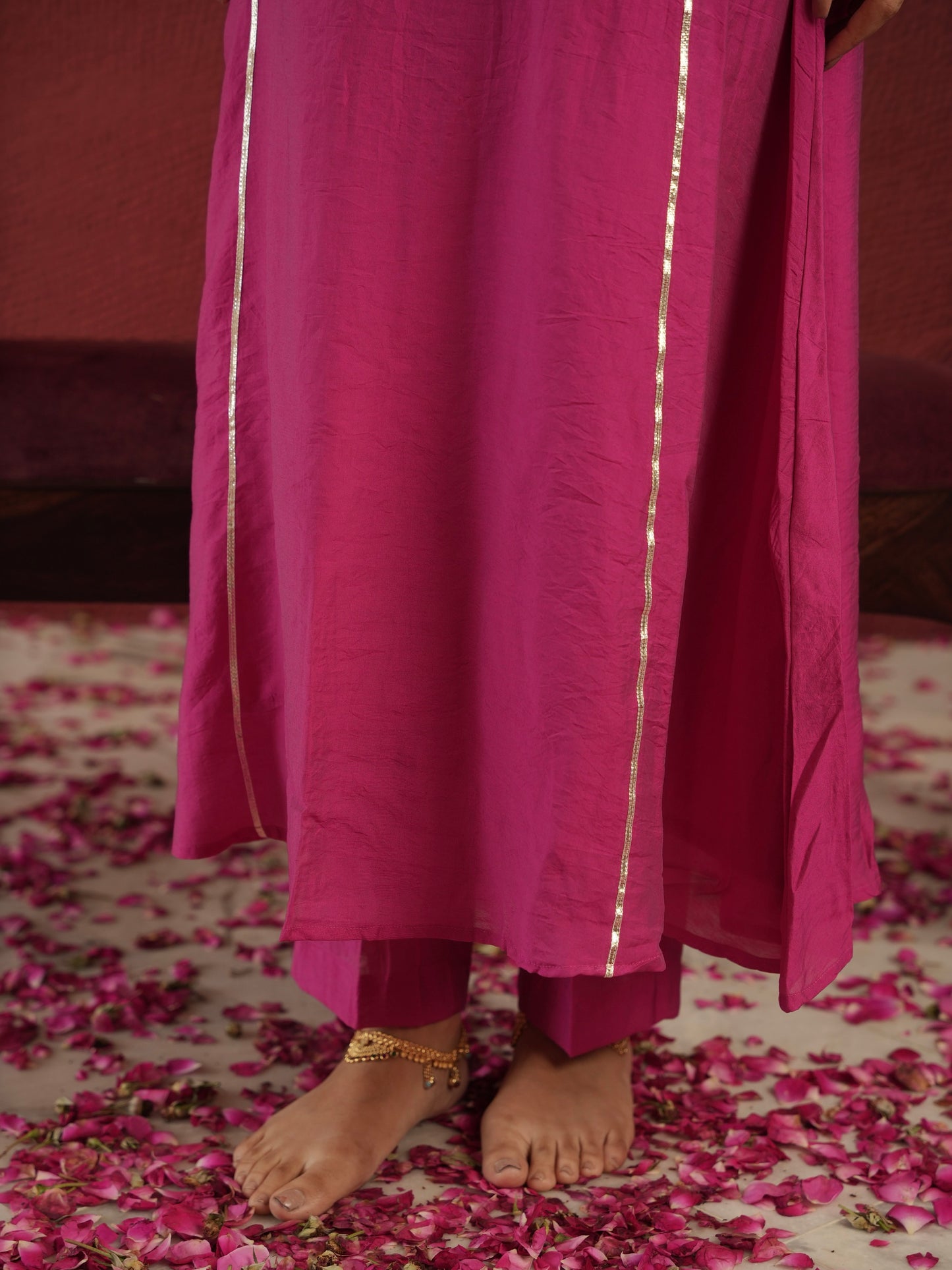 CHAAND HOT PINK CHANDERI ZARI GOTA SUIT SET