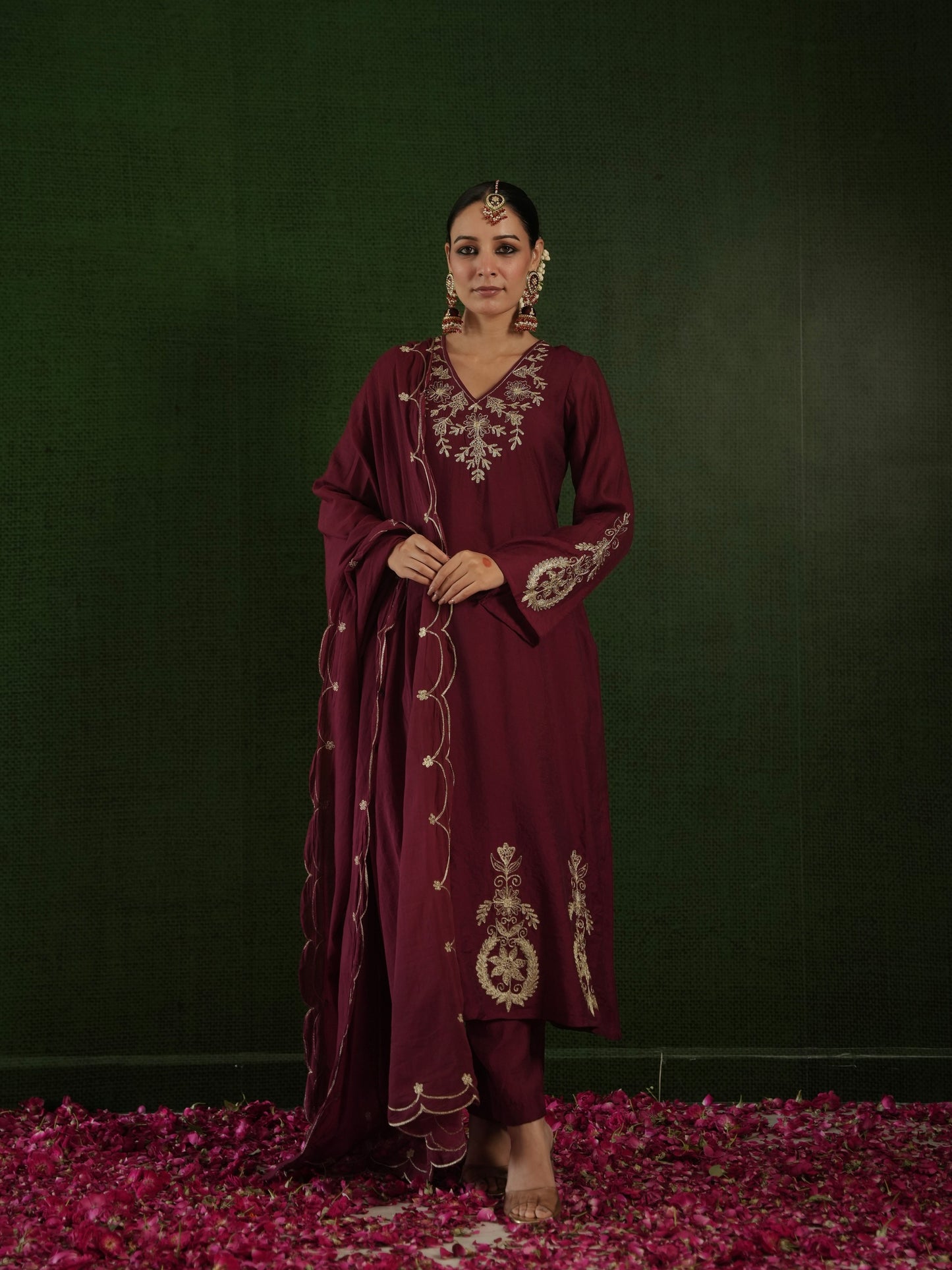 CHAAND ROSEWOOD CHANDERI HEAVY EMBROIDERD SUIT SET