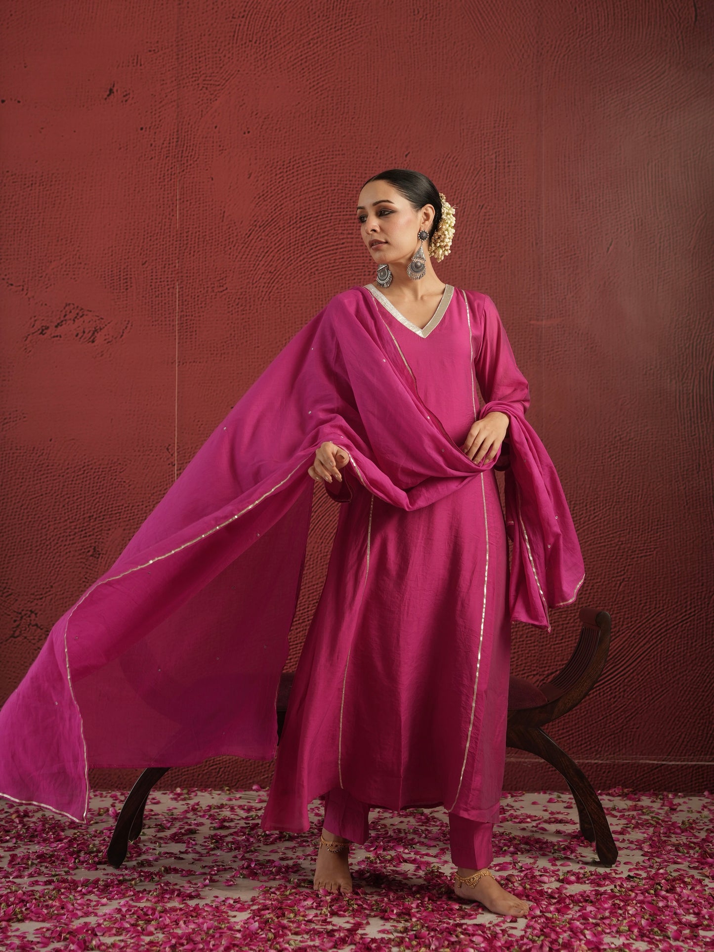 CHAAND HOT PINK CHANDERI ZARI GOTA SUIT SET