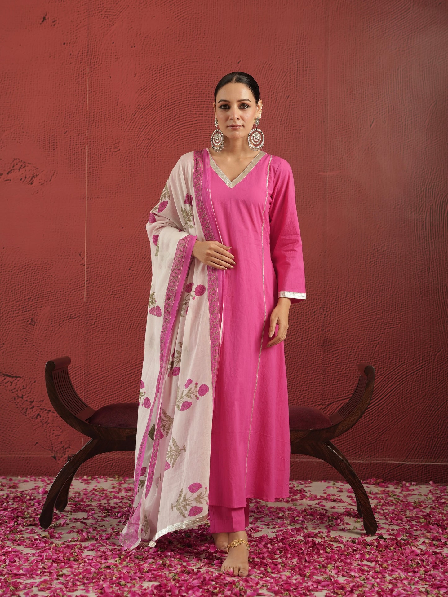 CHAAND PINK COTTON SUIT SET WITH BLOCK PRINT DUPATTA