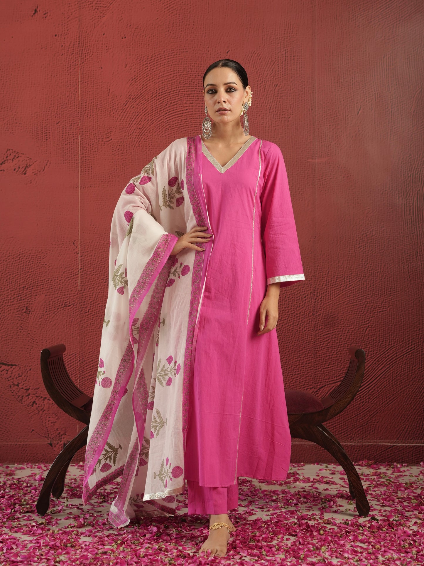 CHAAND PINK COTTON SUIT SET WITH BLOCK PRINT DUPATTA