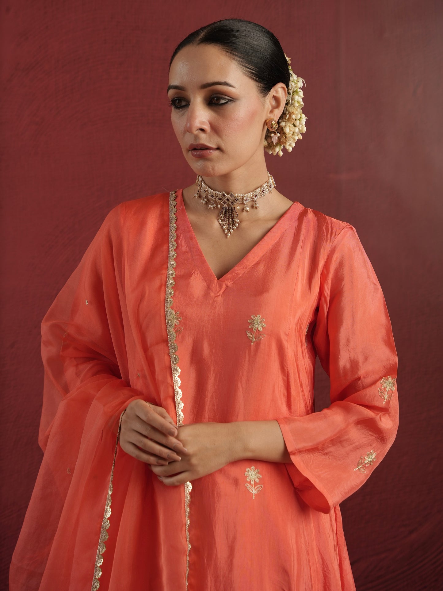 CHAAND PEACH SILK AARI EMBROIDERY SUIT SET