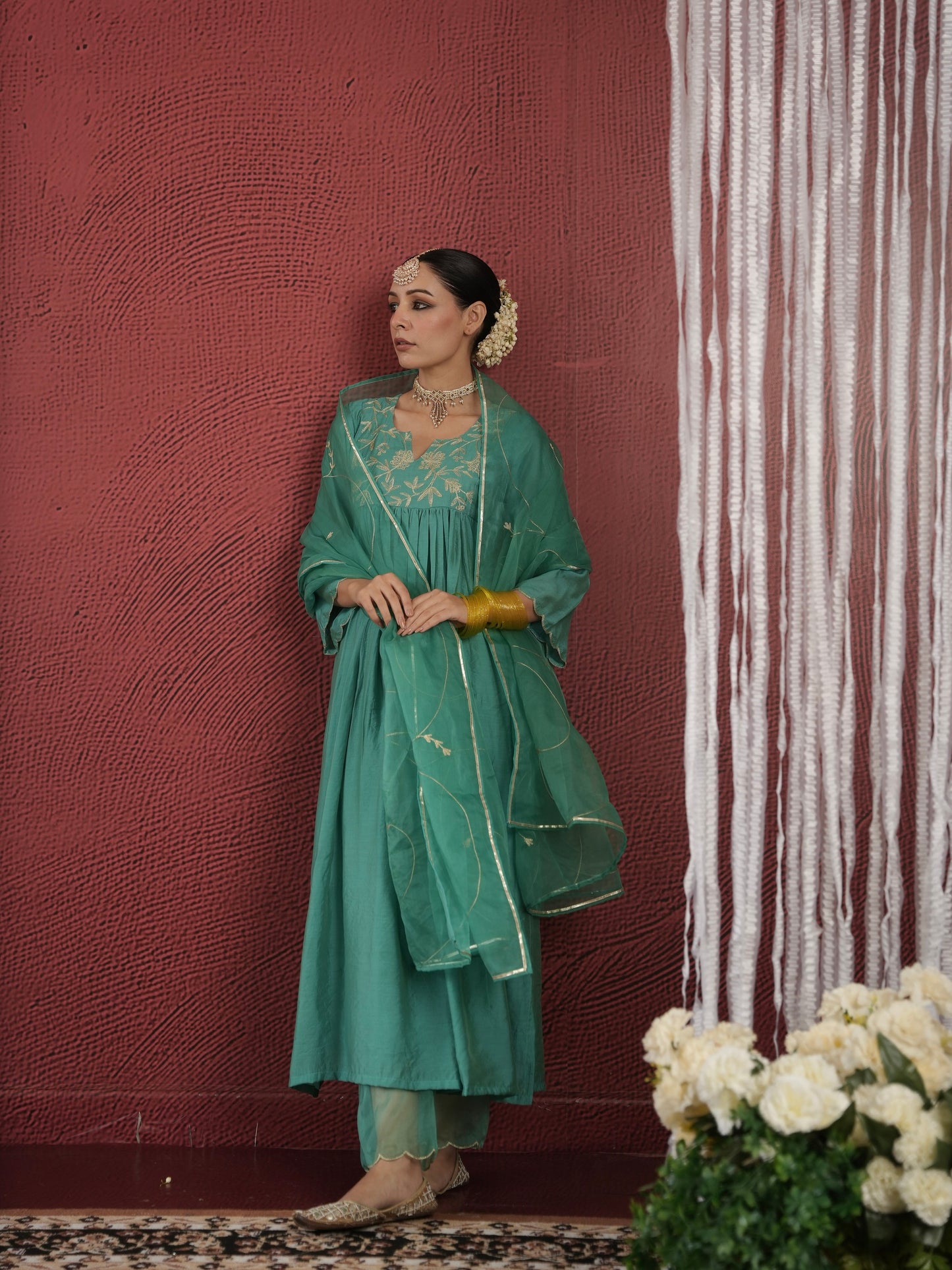 CHAAND GREEN CHANDERI ZARIWORK SUIT SET