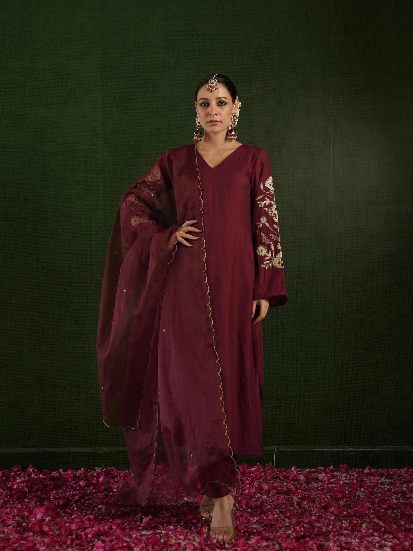 CHAAND MAROON CHANDERI HEAVY EMBROIDERD SUIT SET