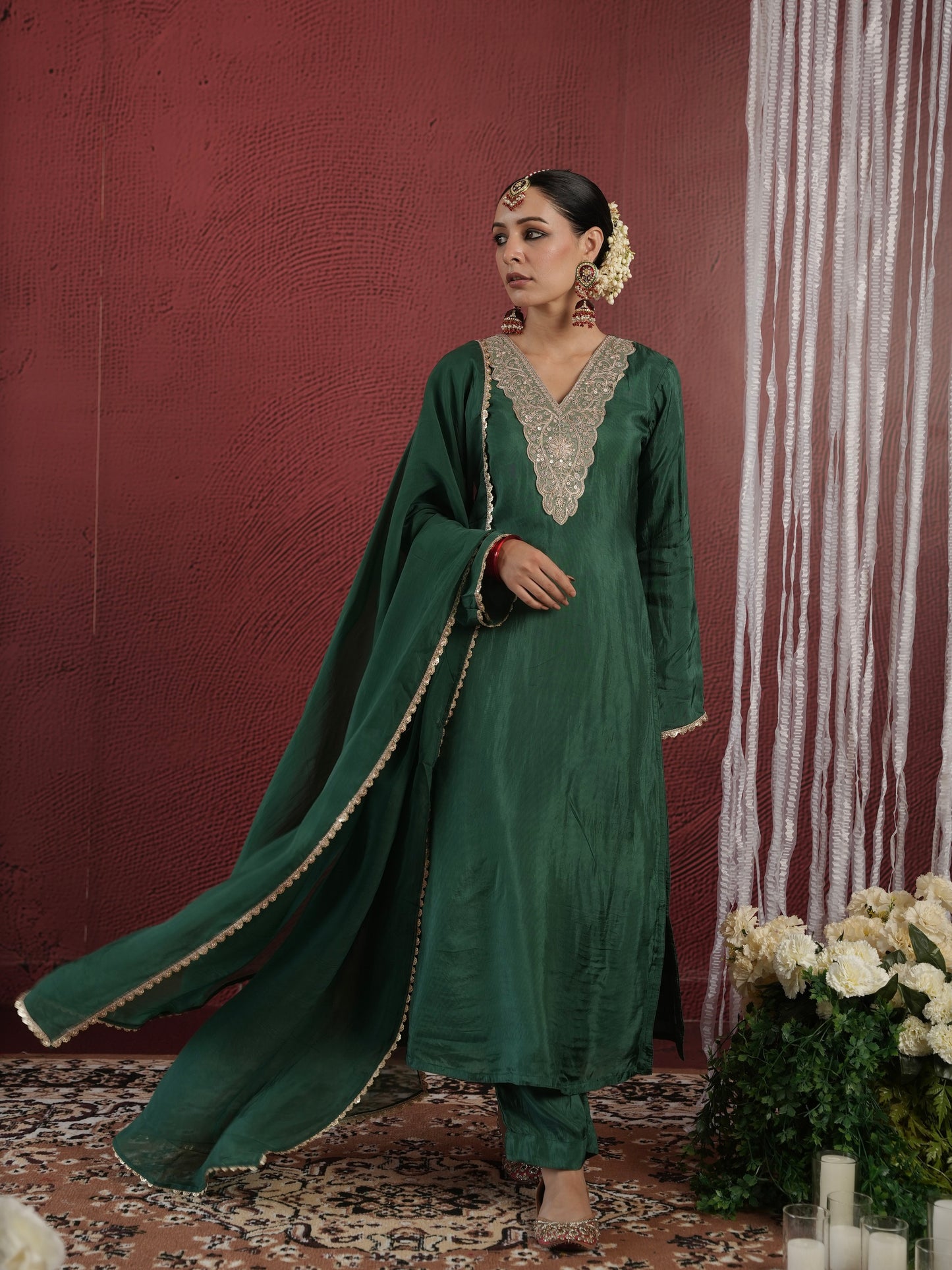 CHAAND GREEN SILK ZARIWORK SUIT SET