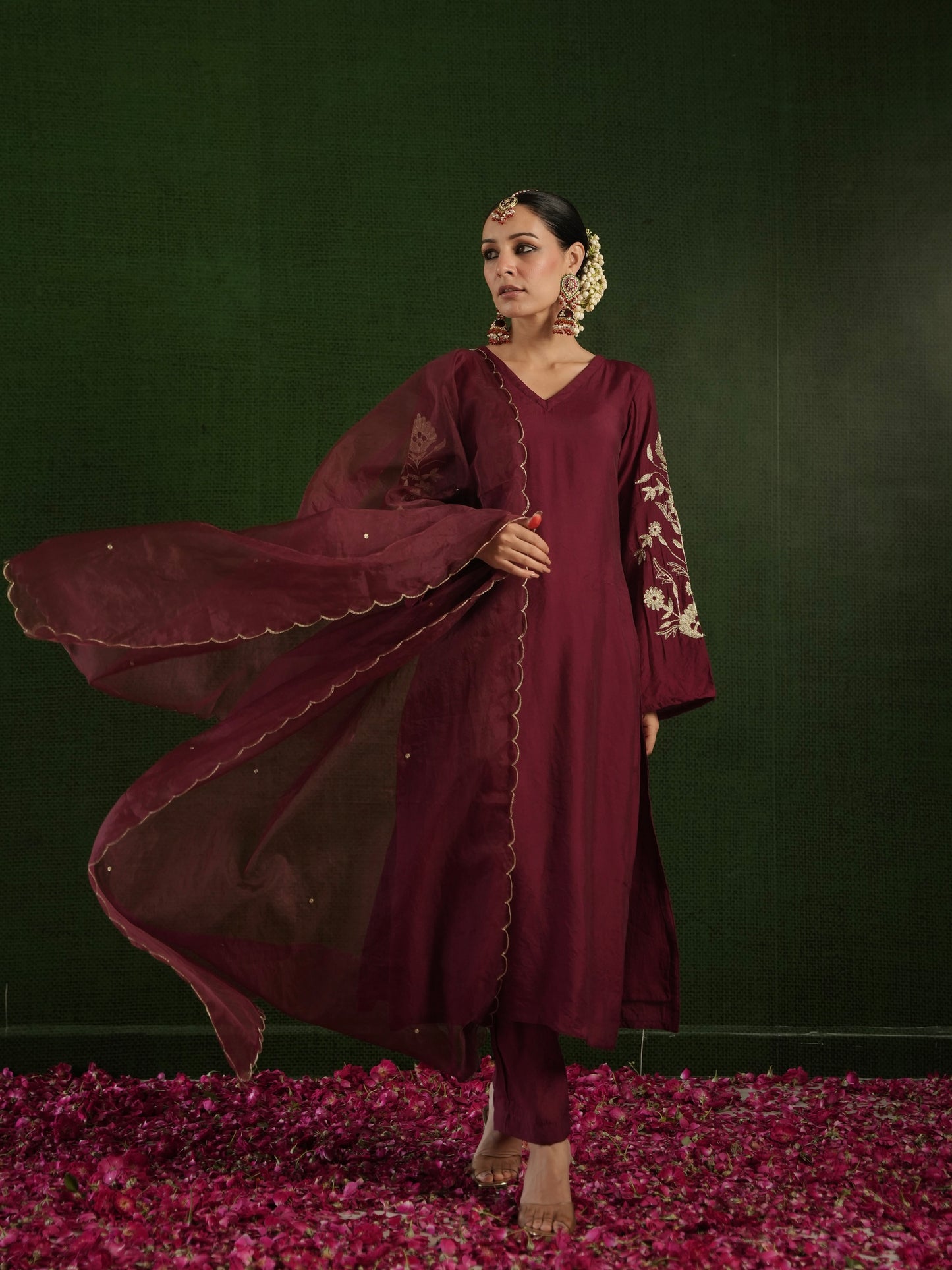 CHAAND MAROON CHANDERI HEAVY EMBROIDERD SUIT SET