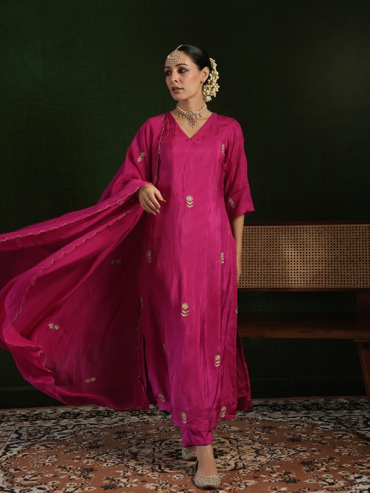 CHAAND DARK PINK SILK AARI EMBROIDERY SUIT SET