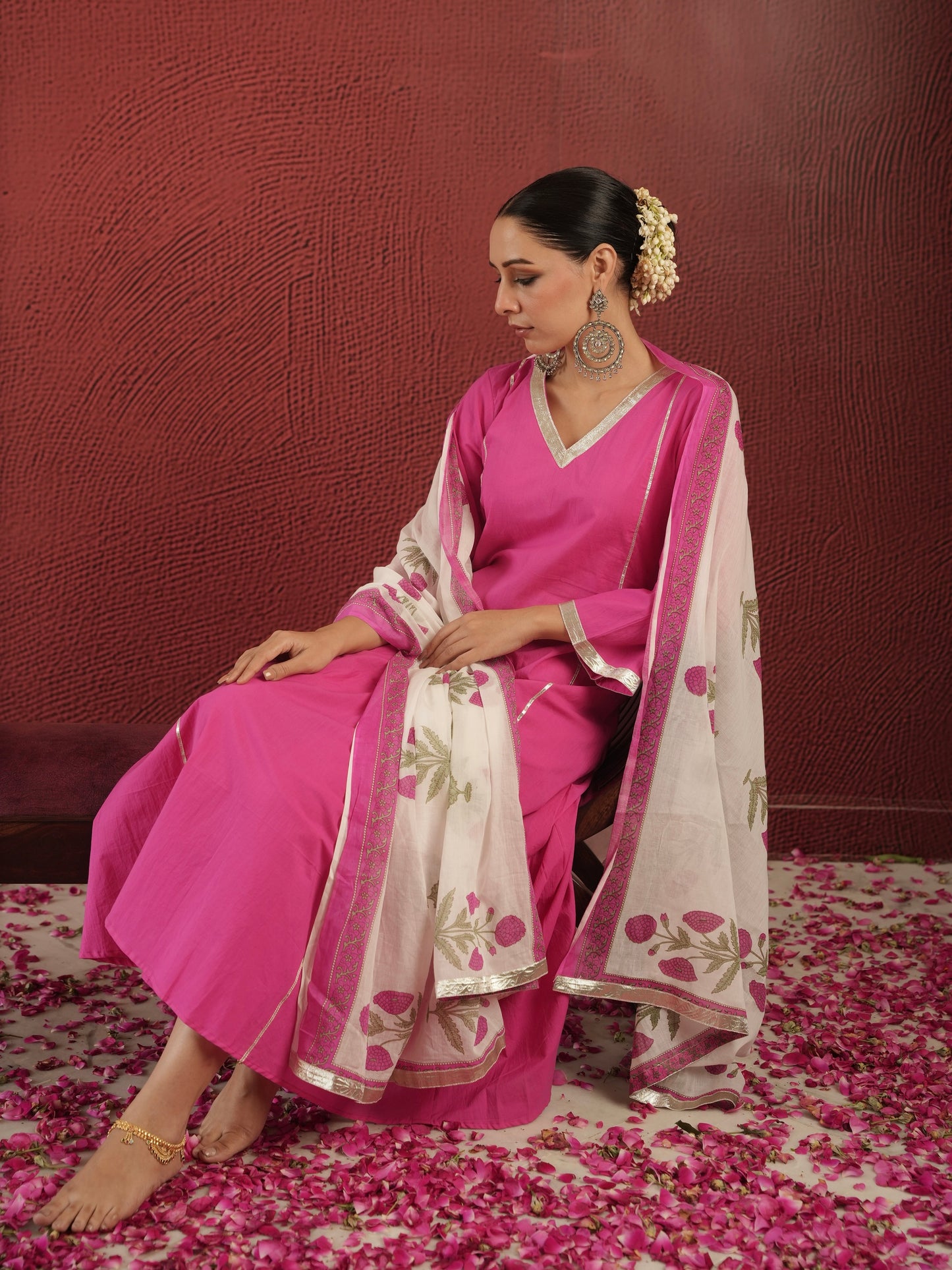 CHAAND PINK COTTON SUIT SET WITH BLOCK PRINT DUPATTA