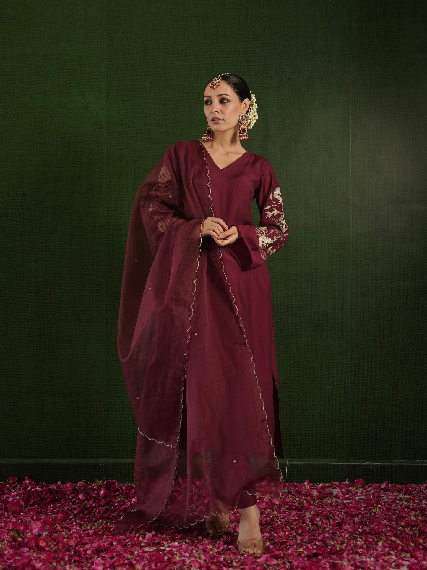 CHAAND MAROON CHANDERI HEAVY EMBROIDERD SUIT SET