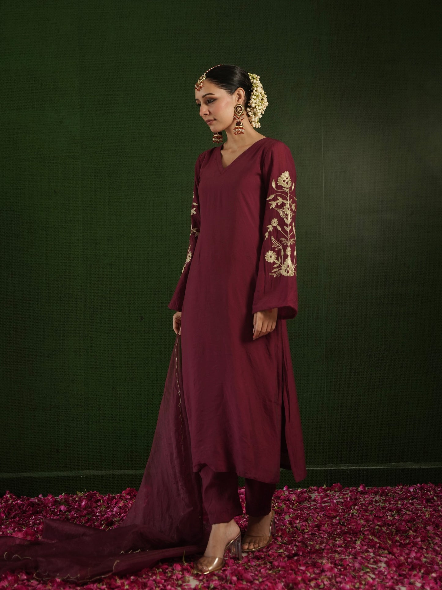 CHAAND MAROON CHANDERI HEAVY EMBROIDERD SUIT SET